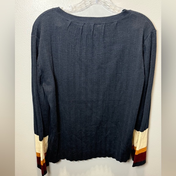 Cliche Navy Blue Striped Colorblock Bell Sleeve Pullover Sweater Size Medium - Picture 2 of 5